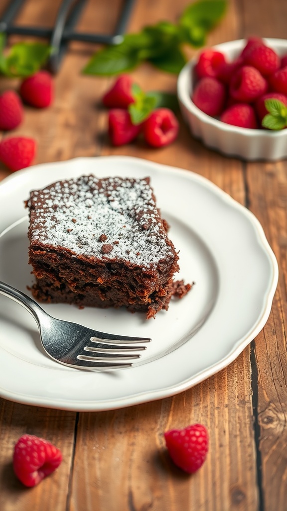 Decadent Passover Chocolate Brownie Cake A fudgy Passover brownie cake dusted with powdered sugar, served with fresh raspberries on a rustic wooden table.